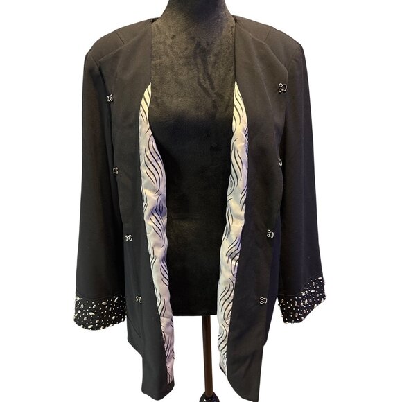 Open Front Blazer XL Maggie Barnes Black Womens Beaded cuffed sleeves Designer - Picture 1 of 12